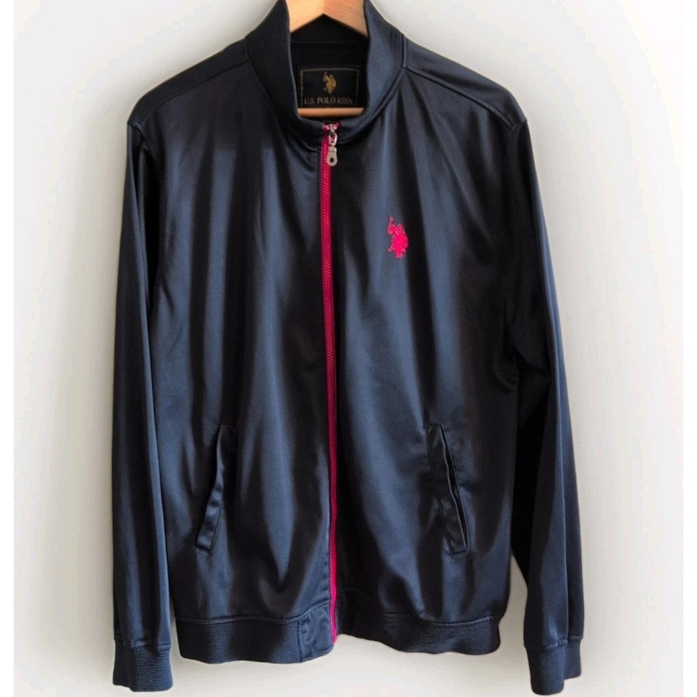 Large US Polo Assn Men's Navy Red Trim Full Zip Track Jacket Pony Logo Size  EUC